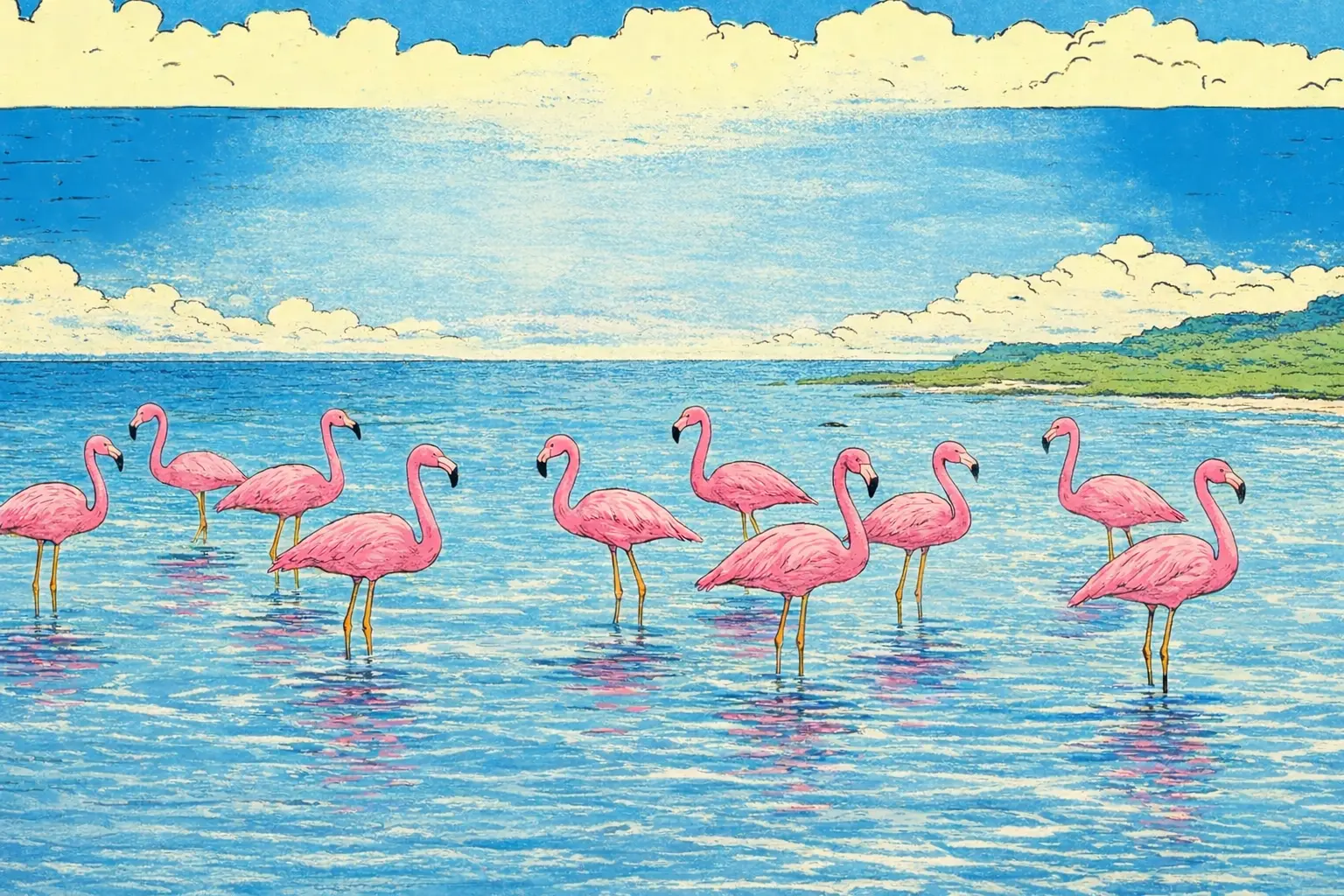 Flamingos wading in tropical water — woodblock print style